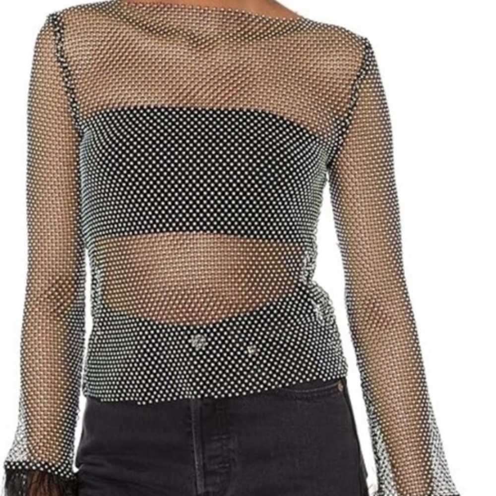 Charlize Black Mesh Rhinestone Long Sleeve Top
